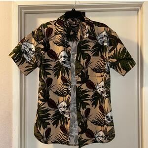 RSQ Skull Leaves Mens Button Up Shirt Size Large Slim Fit
